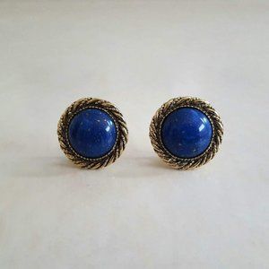 Vintage Gold Tone Blue Button Clip Ons